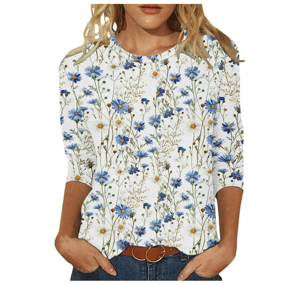 Ichuanyi Women's Fall Fashion Daisy Printed Mid-length 3/4 Sleeves T-shirt Blouse O-Neck Casual Tee Tops