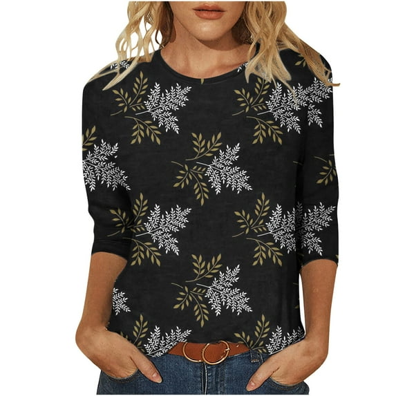 Ichuanyi Women's Fall Fashion Daisy Printed Mid-length 3/4 Sleeves T-shirt Blouse O-Neck Casual Tee Tops