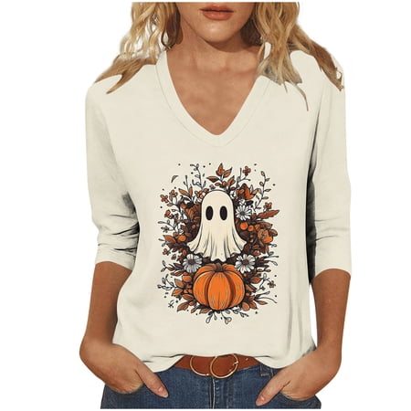 Ichaunyi Ichuanyi Women's Fall V-Neck T-Shirts Halloween Thanksgiving Graphic Tees Shirts Cute Casual Tops 3/4 Sleeve Blouses Top