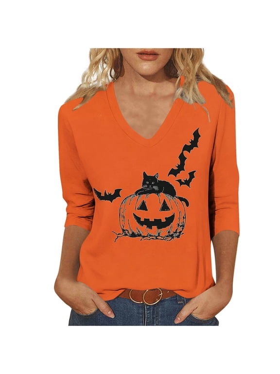 Ichuanyi Women's Fall V-Neck T-Shirts Halloween Thanksgiving Graphic Tees Shirts Cute Casual Tops 3/4 Sleeve Blouses Top