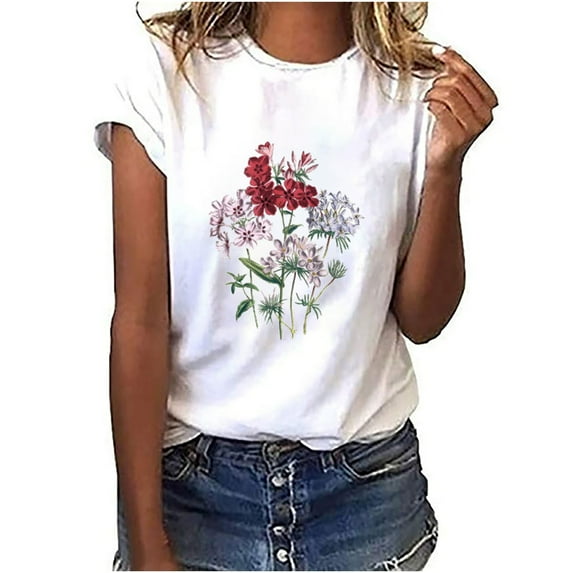 Ichuanyi Women's Fashion Floral Plant Print Short Sleeve Tee Female Round Neck Loose T-shirt