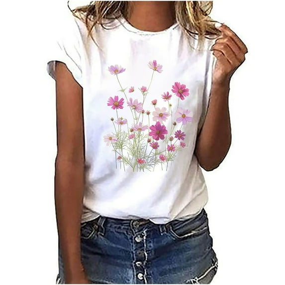 Ichuanyi Women's Fashion Floral Plant Print Short Sleeve Tee Female Round Neck Loose T-shirt