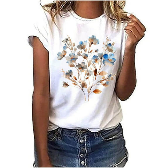 Ichuanyi Women's Fashion Floral Plant Print Short Sleeve Tee Female Round Neck Loose T-shirt