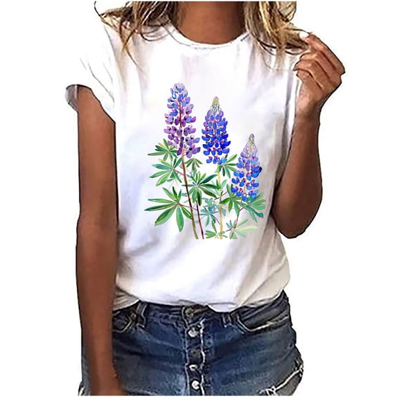 Ichuanyi Women's Fashion Floral Plant Print Short Sleeve Tee Female Round Neck Loose T-shirt