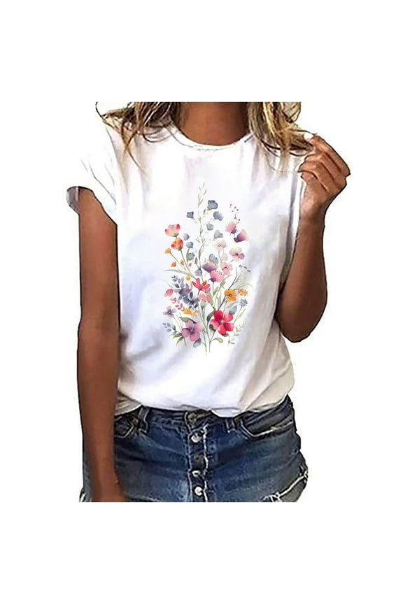 Ichuanyi Women's Fashion Floral Plant Print Short Sleeve Tee Female Round Neck Loose T-shirt
