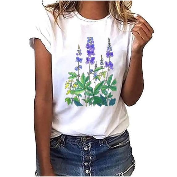 Ichuanyi Women's Fashion Floral Plant Print Short Sleeve Tee Female Round Neck Loose T-shirt