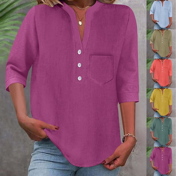 Ichuanyi Women's Linen Shirts V Neck Button Down Blouse 3/4 Sleeve Office Work Tops Vacation Tees Shirt Blouse Tops