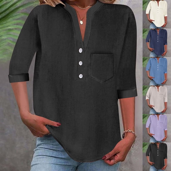 Ichuanyi Women's Linen Shirts V Neck Button Down Blouse 3/4 Sleeve Office Work Tops Vacation Tees Shirt Blouse Tops