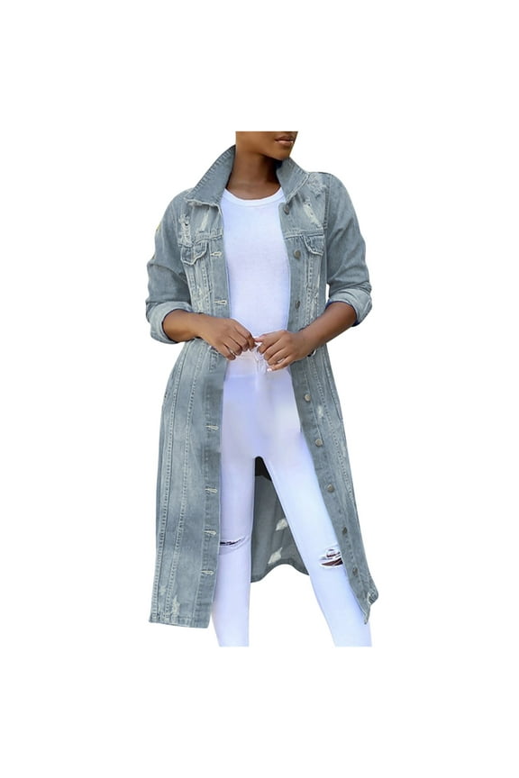 Ichuanyi Women's Mid Length Casual Handsome Distressed Denim Long Trench Coat