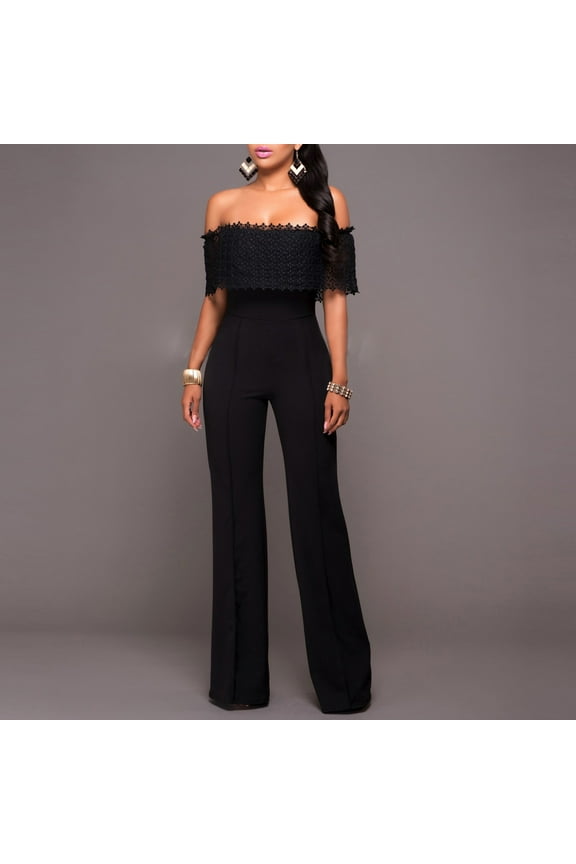 Ichuanyi Women's Off Shoulder Fashion Casual Solid Sexy Lace Side Zipper Jumpsuit
