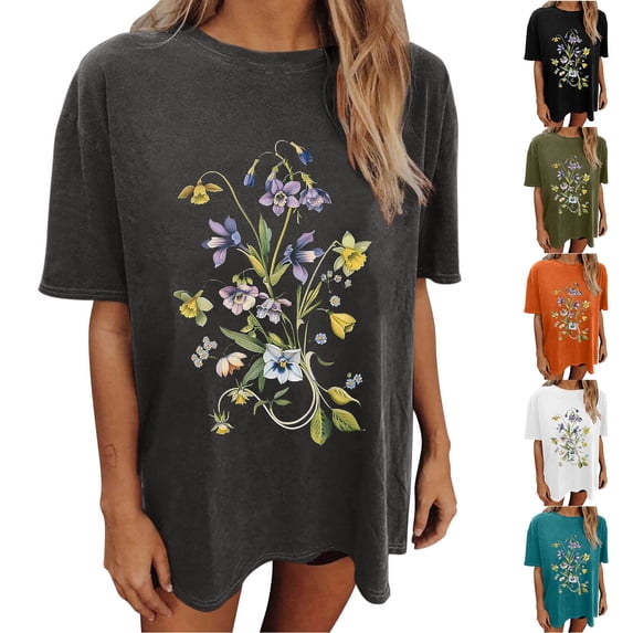 Ichuanyi Women's Oversized Tshirts Wildflower Graphic Tees Dropped Shoulders Crew Neck Summer Short Sleeve Casual Loose Basic Tunic Tops
