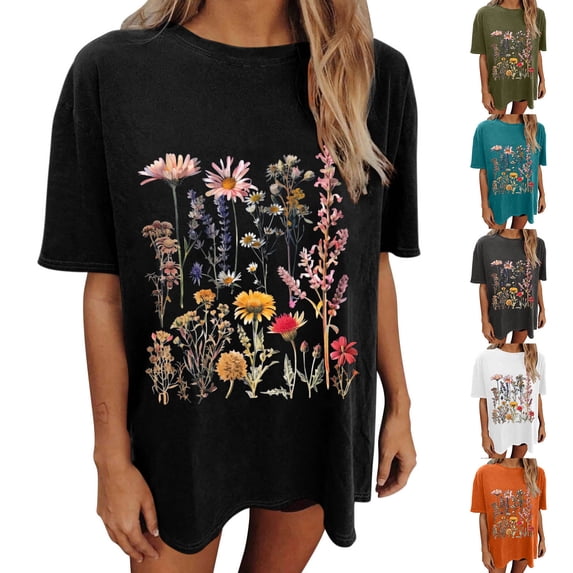 Ichuanyi Women's Oversized Tshirts Wildflower Graphic Tees Dropped Shoulders Crew Neck Summer Short Sleeve Casual Loose Basic Tunic Tops