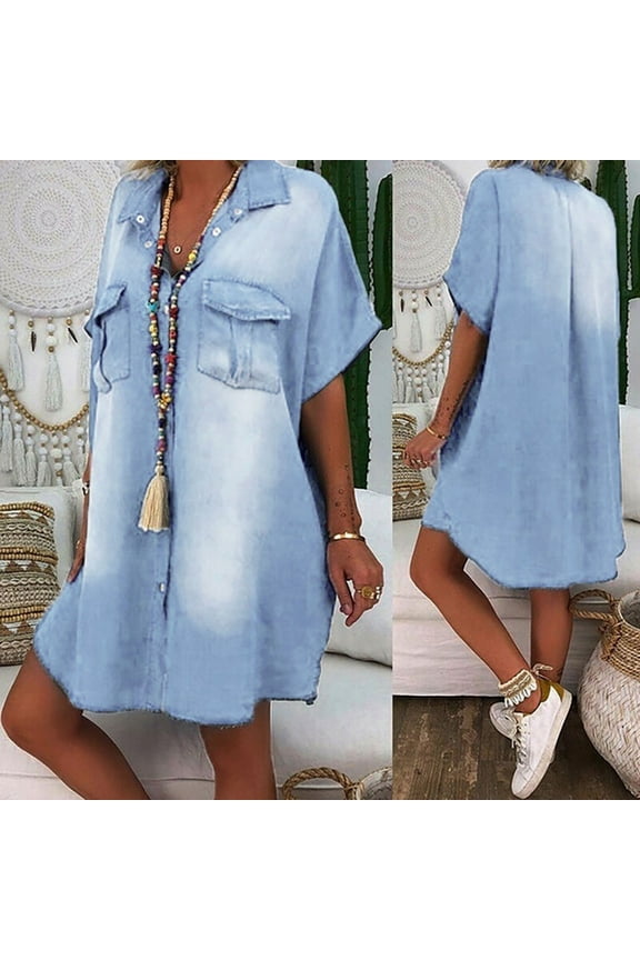 Ichuanyi Women's Plus Size Asymetric Denim Dresses Batwing Short Sleeve Knee Length Dress