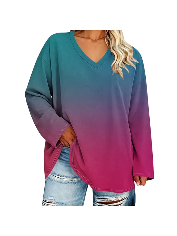 Ichuanyi Women's Plus Size Gradient Printed V-Neck Long Sleeve Top Casual Loose Fit Tunic Blouse Fashion Soft Daily Office Lounge Pullover Tee Shirt