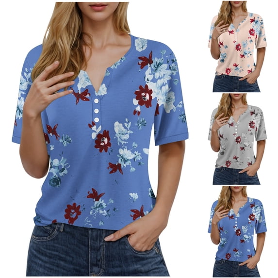 Ichuanyi Women's Printed V-Neck Button Down T-Shirt Loose Fit Casual Blouse with Short Sleeves Everyday Wear Top Relaxed Style Pullover Shirt, Khaki, S