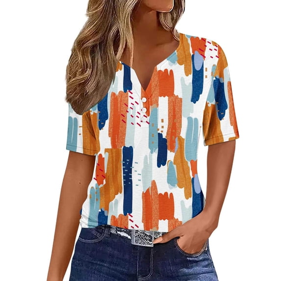 Ichuanyi Women's Printed V-Neck Button Down T-Shirt Loose Fit Casual Blouse with Short Sleeves Everyday Wear Top Relaxed Style Pullover Shirt, Orange, XXL