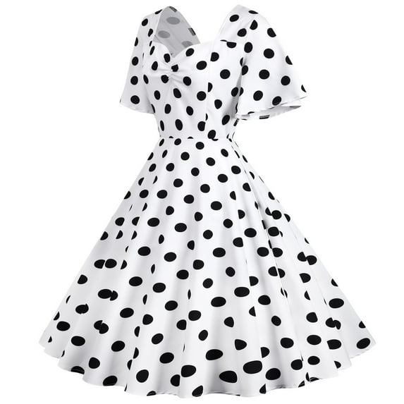 Ichuanyi Women's Retro Travel Style Wave Hem Short Sleeve Polka Dot Mid-Length Hem Dress