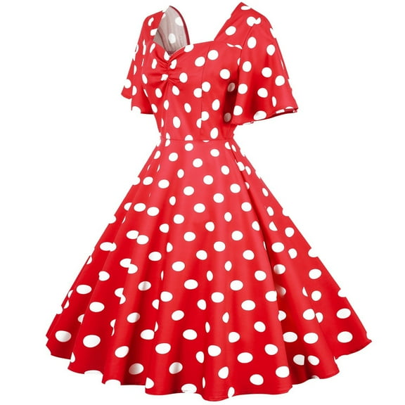 Ichuanyi Women's Retro Travel Style Wave Hem Short Sleeve Polka Dot Mid-Length Hem Dress
