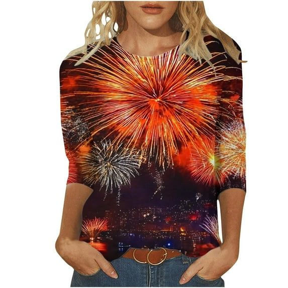 Ichuanyi Women's Spring Fashion Colorful Firework Printed Mid-length 3/4 Sleeves T-shirt Blouse O-Neck Casual Tunic Tops