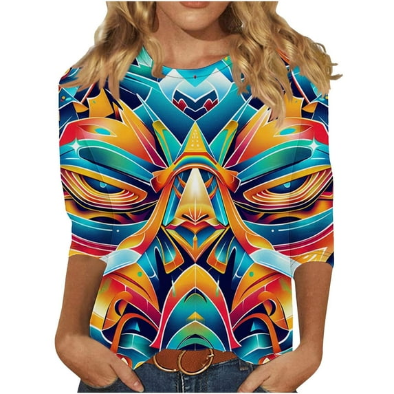Ichuanyi Women's Spring Fashion Colorful Printed Mid-length 3/4 Sleeves T-shirt Blouse O-Neck Casual Tunic Tops