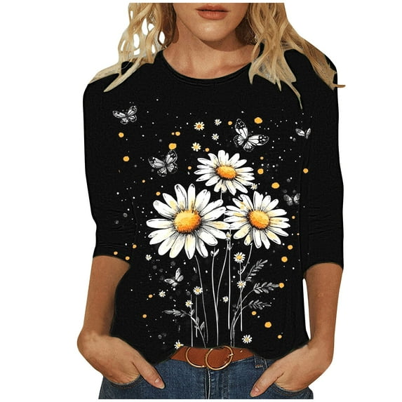Ichuanyi Women's Spring Fashion Daisy Printed Mid-length 3/4 Sleeves T-shirt Blouse O-Neck Casual Tunic Tops