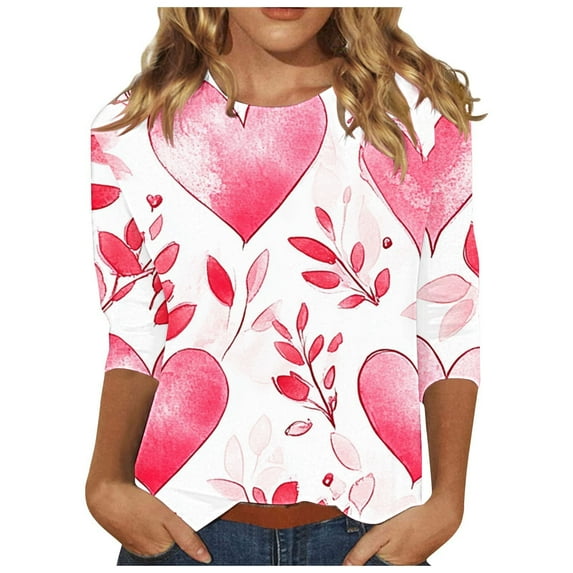 Ichuanyi Women's Spring Fashion Love Plants Print Mid-length 3/4 Sleeves T-shirt Blouse O-Neck Casual Tunic Tops