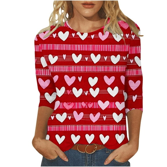 Ichuanyi Women's Spring Fashion Love Stripes Printed Mid-length 3/4 Sleeves T-shirt Blouse O-Neck Casual Tunic Tops