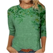 ICHAUNYI Ichuanyi Women's Spring Fashion Printed Mid-length 3/4 Sleeves T-shirt Blouse O-Neck Casual Tee Tops