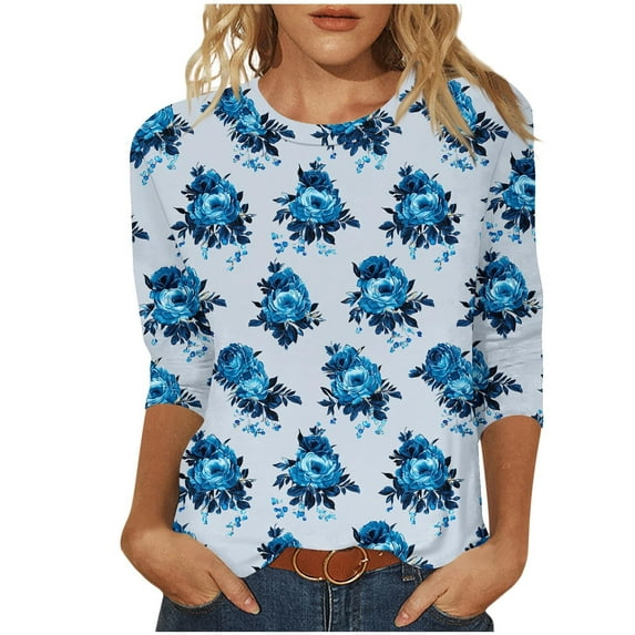 Ichuanyi Women's Spring Fashion Rose Printed Mid-length 3/4 Sleeves T-shirt Blouse O-Neck Casual Tunic Tops