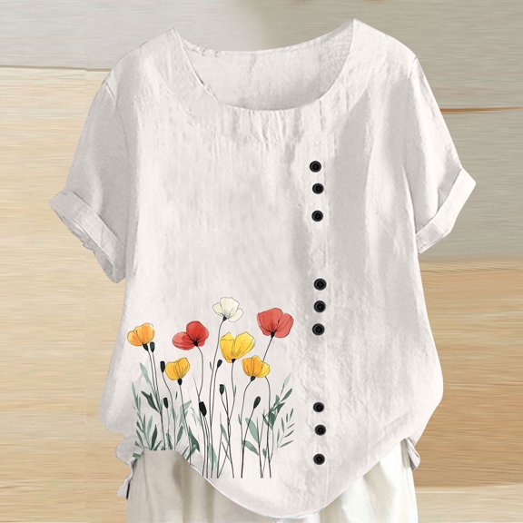 Ichuanyi Women's Summer Casual Linen Shirt Round Neck Printing T-Shirt Loose Short Sleeve Blouse Basic Tops