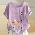 thumbnail image 1 of Ichuanyi Women's Summer Casual Linen Shirt Round Neck Printing T-Shirt Loose Short Sleeve Blouse Basic Tops, 1 of 4