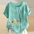 thumbnail image 1 of Ichuanyi Women's Summer Casual Linen Shirt Round Neck Printing T-Shirt Loose Short Sleeve Blouse Basic Tops, 1 of 4