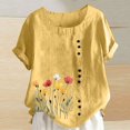thumbnail image 1 of Ichuanyi Women's Summer Casual Linen Shirt Round Neck Printing T-Shirt Loose Short Sleeve Blouse Basic Tops, 1 of 4