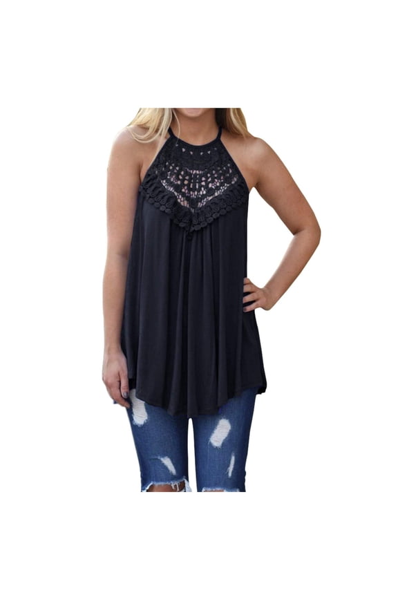 Ichuanyi Women's Summer Halter Spaghetti Strap Lace Hollow Flowy Tank Tops Cami Shirts Pleated Blouse T-Shirt Sleeveless Vest