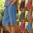 thumbnail image 1 of Ichuanyi Women's Summer Linen Solid Five Quarter Pants Wide Leg with Elastic Waist Pockets Side Slit Buttons Casual Loose Straight Leg Pant, 1 of 7