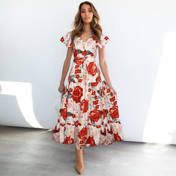 Ichuanyi Women's Summer V-neck Dress Beach Bohemian Floral Print Ruffles Holiday Dress