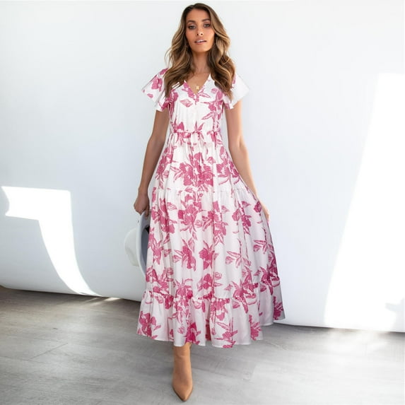 Ichuanyi Women's Summer V-neck Dress Beach Bohemian Floral Print Ruffles Holiday Dress