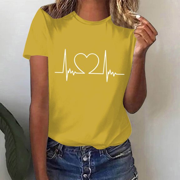 Ichuanyi Women's T-Shirt Graphic Tees Love Printed Casual Short Sleeve Tops Summer Loose Top