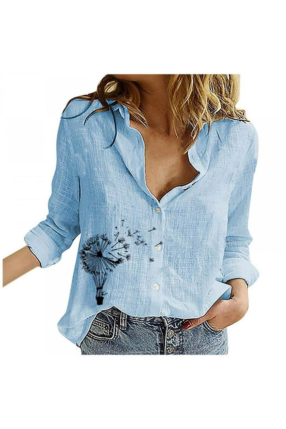 Ichuanyi Women's Trendy Mushroom Button Down Cotton Linen Shirts for Women Long Sleeve Graphic Tee Winter Basic T-Shirt V-Neck Tunic Tops OL Office Ladies Work Blouses