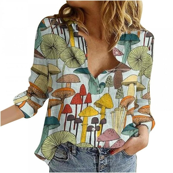 Ichuanyi Women's Trendy Mushroom Button Down Cotton Linen Shirts for Women Long Sleeve Graphic Tee Winter Basic T-Shirt V-Neck Tunic Tops OL Office Ladies Work Blouses