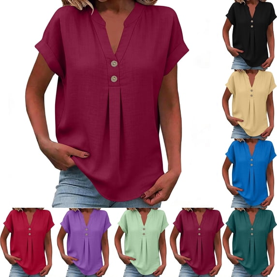 Ichuanyi Women's V-Neck Linen Blend Button Down Shirt, Short Sleeve Loose Fit T-Shirt Blouse with Pleated, Casual Solid Color Tunic Top, Black, S