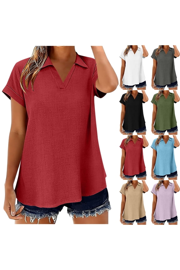 Ichuanyi Women's V-Neck Short Sleeve Shirt With Button Placket And Collar, Purple, XL