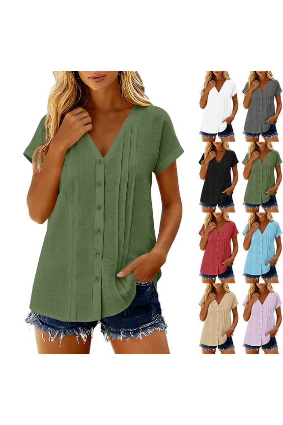 Ichuanyi Women's V-Neck Short Sleeve Shirt With Button Placket And Collar, Sky Blue, XXL