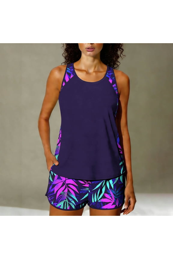 Ichuanyi Womens Athletic 2 Piece Tankini Swimsuits with Shorts Swim Tank Tops with Sports Bra and Boyshorts Bathing Suits Color Blocking Off-Shoulder Set