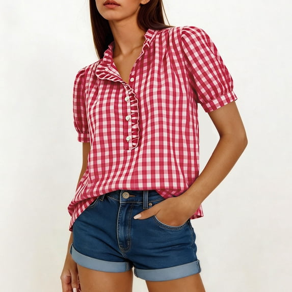 Ichuanyi Womens Button Down Plaid Shirts Short Sleeve Loose Summer Tops Dressy Casual V Neck Business Work Blouses