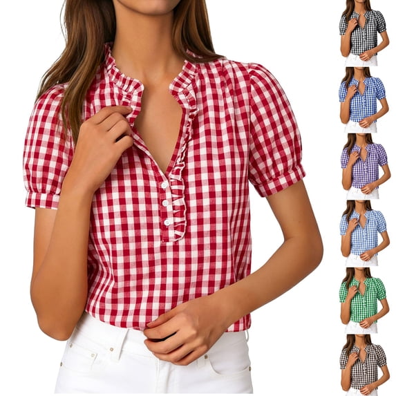 Ichuanyi Womens Button Down Plaid Shirts Short Sleeve Loose Summer Tops Dressy Casual V Neck Business Work Blouses