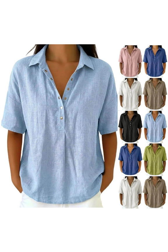 Ichuanyi Womens Button Down Shirts Short Sleeve Linen Collared Button Up Casual Blouses Oversized Tops V-neck Shirt