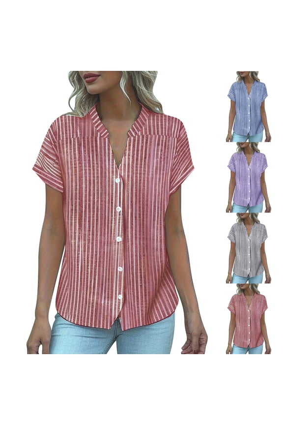 Ichuanyi Womens Button Down Shirts Short Sleeve Loose Summer Tops Dressy Casual V Neck Business Work Blouses