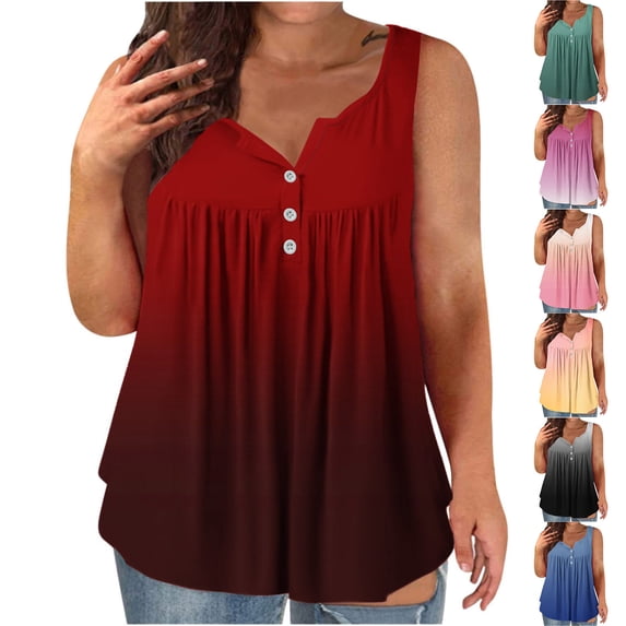 Ichuanyi Womens Casual Pleated Button Gradient Color Sleeveless Top Round Neck Cami Blouse Relaxed Fit Tank Tunic Shirt, Pink, XL