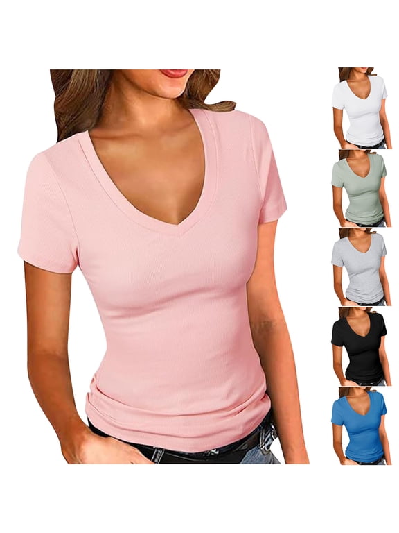 Ichuanyi Womens' Casual Stretchy V Neck Short Sleeve Slim Fitted Casual Top T-Shirt Solid Basic Tee